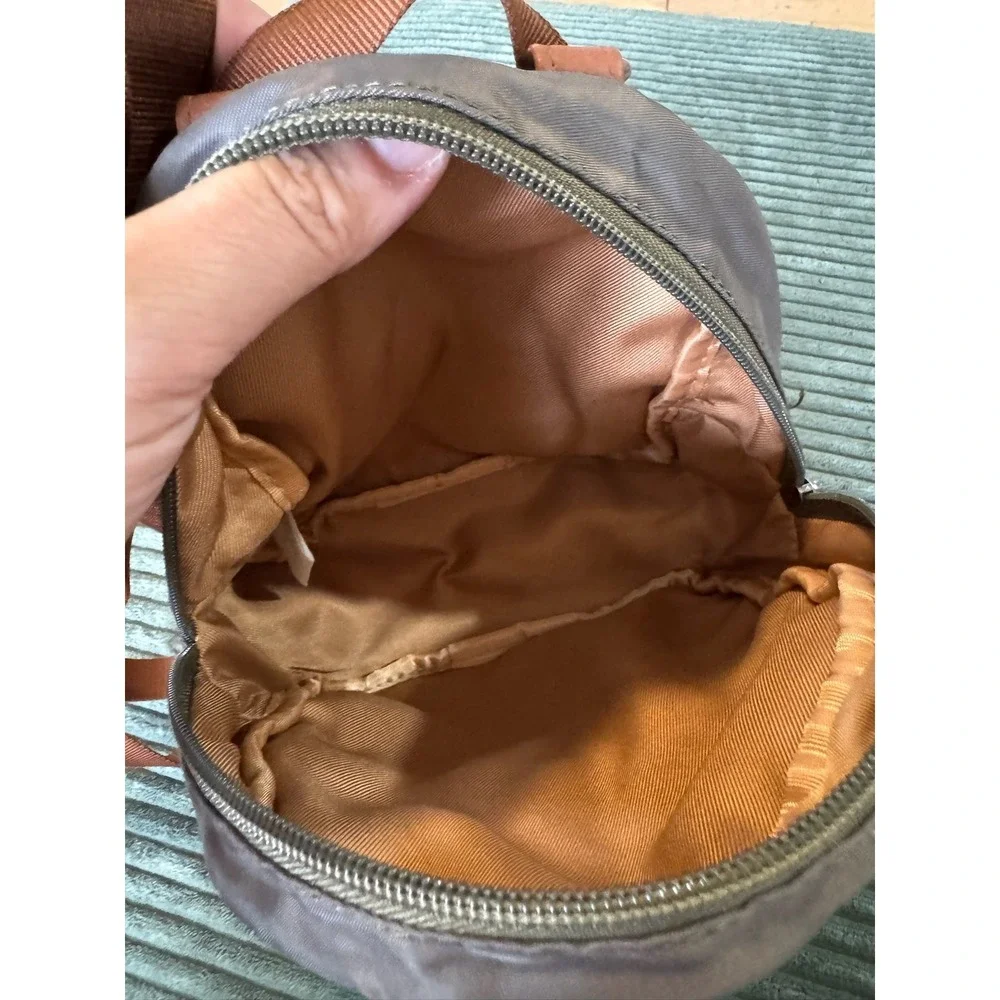 The Sak Mini Backpack Purse‎ Olive Brown Faux Leather Trim Travel Bag